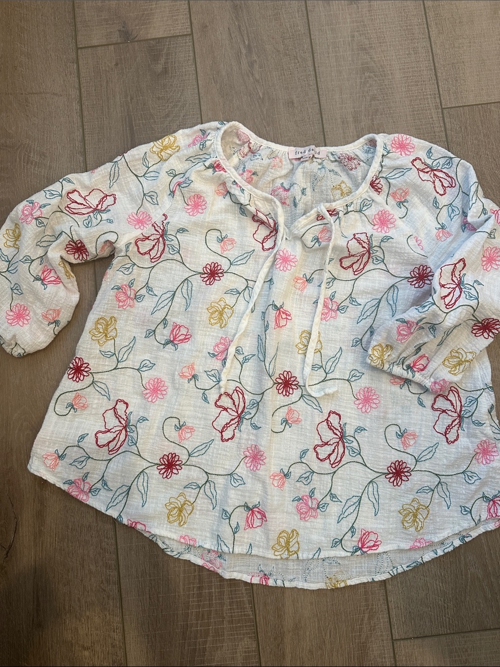 Fred David White Floral Tie-Neck Blouse with Pink, Red & Yellow Flowers